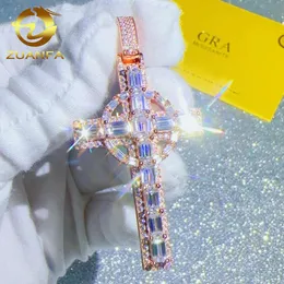 Zuanfa Jewelry Hip Hop Sterling Sier Necklace Iced Out VVS Baguette Moissanite Cross Pendant