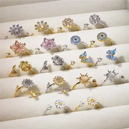 rotatable designer gold ring for woman 925 sterling silver blue butterfly flower pink 5A zirconia diamond womens finger rings jewelry opening adjustable gift box