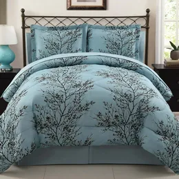 Leaf 8-Piece Blue Chocolate Branch Polyester Reversible Bed in a Bag, Queen High Quality Skin Friendly Bedding Set