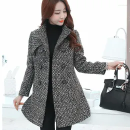 Women's Wool Blends Coat Winter 2023 Autumn Fashion Elegant Mother Turtleneck Plaid Slim Long Tweed Woolen Outerwear JQ305