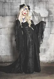 2023 Vintage schwarze Gothic-Abschlussballkleider, lange ausgestellte Ärmel, Korsett, Samt und Spitze, A-Linie, Kleid für besondere Anlässe, Übergröße, formelle Party, Halloween, Maskerade-Kostüme