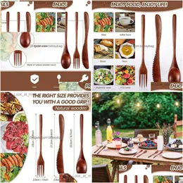 Flatware Sets Wooden Spoon Fork Knife Cutlery Set Dinner Utensil Kitchen Tableware 24 Pieces Q230828 Drop Delivery Home Garden Dining Dh68R