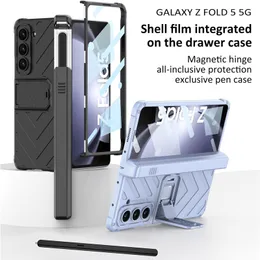 Luxury Magnetic Hinge Armor Vogue Phone Case for Samsung Galaxy Z Folding Fold5 5G Invisible Bracket Kickstand Membrane Fold Shell with Sliding Pen Slot Holder
