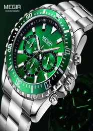 Megir Mens Chronograph Quartz zegarki ze stali nierdzewnej Wodoodporna Analogous Analogous 24 -Hour Wristwatch for Man Green Tial 2064G9G2631698
