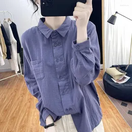 Bluzki damskie Luckbn Koreańska wersja podwójnie piersi Pure Cotton Long Sleved Shirt na jesienne klapy luźne kardigan