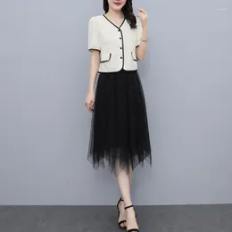 Work Dresses Small Fragrance Women's Set Short Sleeve Shirt Crop Tops And Wide Leg Pants Elegant Gauze Skirt Suits Two Piece Outfit