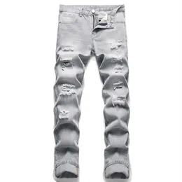 Cinza claro fino ajuste rasgado jeans masculino moda estilo de rua calças jeans primavera outono streetwear masculino desiger lavado calças2780