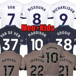 جماهير اللاعبين الابن Maddison Soccer Jersey Richarlison Bissouma Perisic Kulusevski 2023 2024 Van de Ven Tottenhams Romero Solomon Spurs Shirt Men Kids Kit 4XL