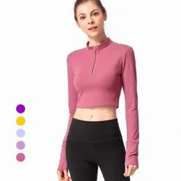 LU 2021Autumn/Winter Long Sleeve Tight Yoga Suit T-shirt Women's Back Half Zip Sports T-shirt Exponerad navelskatt