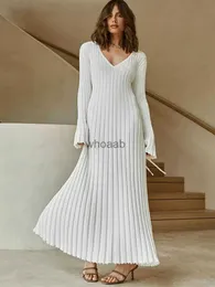MagnificentCasual Knitted Women Long V Neck Female Solid Elegant Full Sleeve ALine Autumn Winter Ladies Ribbed Maxi Robe 230301 HKD230912