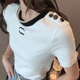 Modna koszulka damska krótkie rękawa haft czarno-biały 2 kolorowy luksusowy bawełniany elastyczny miękki wygodny wysokiej jakości