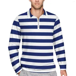 Men's Polos Retro Nautical Casual T-Shirts Navy Blue And White Stripe Polo Shirts Men Funny Shirt Autumn Long-Sleeve Custom Clothes Big Size