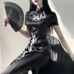 Grundläggande casual klänningar kinesiska stativ krage gotisk klänning embkläder drake qipao svart röd vintage kvällsfest lång mantel cheongsam svart sexig 230912