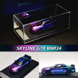 Diecast Model SH i lager 1 64 Skyline GTR R34 Elektroplatt Gradient Diorama Collection Miniature Carros Toys Stance Hunters 230912