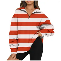Women's Hoodies Casual Fashion Long Sleeve Stripe Print Oversize Zip Sweatshirt Top Female Pullover Quarter Basic Pullovers Tops