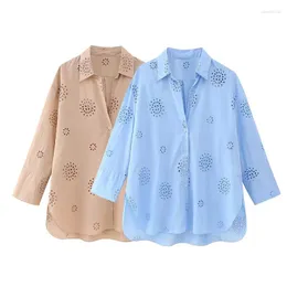 Blusas de mujer YENKYE 2023, camisa Vintage de gran tamaño con bordado calado, cuello de solapa, dobladillo asimétrico, blusa informal holgada para mujer