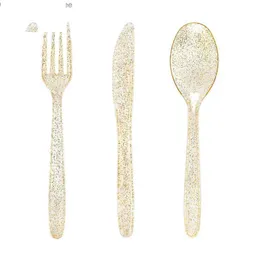 Flatware Sets 75Pcs Gold Plastic Sierware- Disposable Glitter Cutlery- Includes 25 Forks Spoons Knives Q230829 Drop Delivery Home Gard Dhm5W