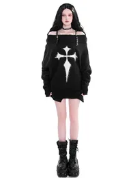 Suéteres femininos Qweek gótico harajuku punk suéter mulheres pullovers y2k goth escuro grunge fora do ombro de malha tops outono manga longa 230912