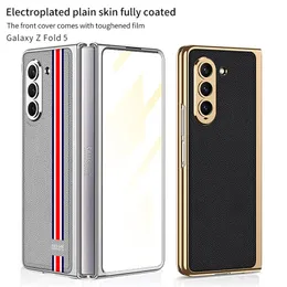 Custodia per telefono Vogue in pelle modello Lychee di lusso per Samsung Galaxy Z Folding Fold5 5G Durevole protezione completa morbida paraurti stampa striscia placcatura membrana pieghevole conchiglia