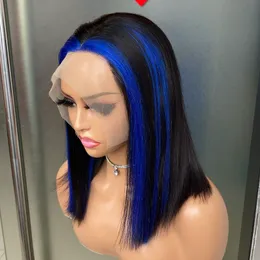 En kaliteli Perulu Hint Brezilyalı 1B Mavi Vurgu Renk% 100 Ham Virgin Remy İnsan Saç Düz 13x4 Şeffaf Dantel Frontal Bob Peruk