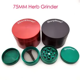 Logo personalizzato all'ingrosso Herb Grinder Lega di metallo Fumatori Smerigliatrici piatte Tabacco affilato 4 strati 75mm Accessori per fumatori di grandi dimensioni accetta oem / odm