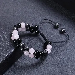 6mm 8mm Rose Quartz Hematite Obsidian Double Layer Braided Bracelet Natural Stone Crystal Adjustable Bracelets women men fashion jewelry