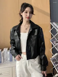Women's Leather Zoki Sexy Cropped Pu Jackets Women Black Faux Moto Coats Vintage Harajuku Korean Long Sleeve Pocket Autumn Winter Tops