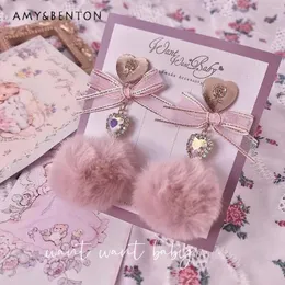 Backs Earrings Handmade For Women Japanese Style Pink Bow Girl Sweet Cute Accessories Heart Wool Ball Silver Stud