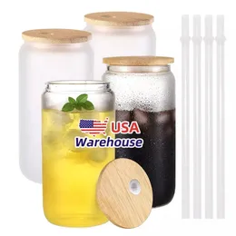 USA CAN Warehouse Bicchieri per sublimazione da 16 once Bicchieri di birra a forma di lattina con coperchio in bambù e cannuccia di plastica Bicchieri trasparenti satinati per barattoli di soda e caffè ghiacciato 912