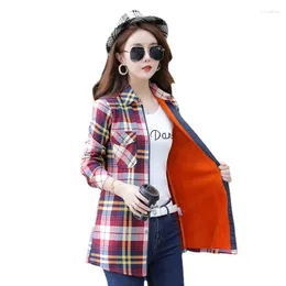 Women's Blouses Velvet Long Thick Warm Plaid Shirt Female Sleeve Tops Fleece Winter Checkered Blouse Blusas Femininas