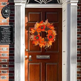 Couronne de fleurs décoratives pour porte d'automne, décoration de noël et d'halloween, citrouille, baie de pin, érable, tissu artificiel, matériau en rotin pour la maison