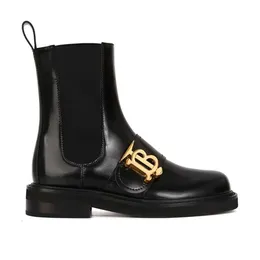 Sheii Su Yinyins lyxstövlar av samma stil ~ Small Gold Buckle äkta läder Elastic Band Chelsea Chimney Short Boots Women's Martins