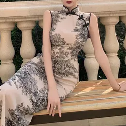 Grundläggande avslappnade klänningar traditionella kinesiska qipao modifierade anpassade cheongsam klänning ärmlös smal bodycon elegant sexig sommarkläder party prestanda 230911