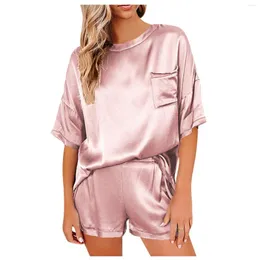 Women's Sleepwear Casual Solid Color Pajamas Housewear Short Sleeved Shorts Loose Two-Piece Suit Satin Silk Homewear Clothing