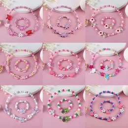 2pcs Cute Cartoon Pattern Charm Necklace Bracelet Sets Natural Wooden Beads For Children Toys Girl Birthday Jewelry Sets