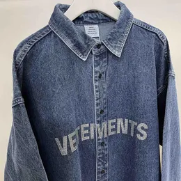 Men's Casual Shirts Mens Denim Jackets Oversized Washed Blue Men Women 1:1 Crystal Diamonds Letter Logo