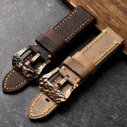 Titta på band Handgjorda brons Watchband 20 21 22 24 26mm Men First Layer Cowhide Vintage Style Armband Buckle Thickning