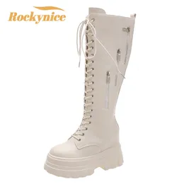 Boot Thick Heels Motorcykel Långa stövlar Vinter 11 cm Y Riding Pu Leather Knight Female Zip Kne High Botas 230911