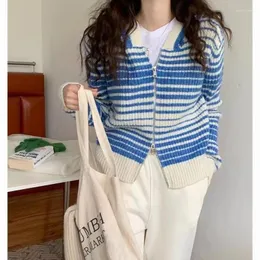 Malhas femininas despojado azul primavera outono vintage gola com capuz de malha cardigan americano casual com zíper camisola feminina magro manga longa