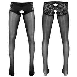 Men's Socks Sissy Men Lace Top Sheer Crotchless Glossy Pantyhose Tights Stockings Long Pants Lingerie Underwear Hosiery Plus 265p