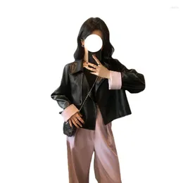 Skórzany czarny patchworkowy płaszcz motocyklowy kombinezon retro krótka kurtka jesień Japonia słodka dziewczyna podstawowa top
