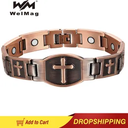 Bangła Welmag Miedzi Bracelet dla mężczyzn szerokość zdrowia opieka Vintage Cross Wzór nadgarstka Jezus biżuteria 230911