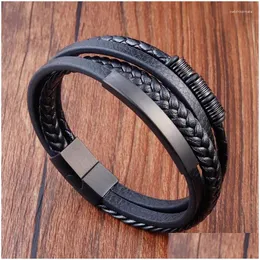 Charm Bracelets Luxury Classic Mti-Layer Style Hand-Woven Winding Stainless Steel Mens Leather Bracelet With Magnet Clasp For Drop D Ot1Xj