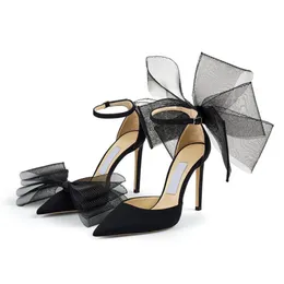 Fashion Women Sandals Pumps AVERLY 100 mm Italy Trendy Pointed Toe Asymmetric Grosgrain Black Mesh Fascinator Bows Designer Summer Banquet Sandal High Heels EU 35-43