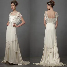 Vintage Ivory 1920s Wedding Dresses with Sleeves Catherine Deane Lita Modest Fairy Lace Chiffon V-neck Full Length 2018 Bridal Gow229r