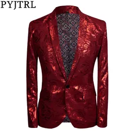 Pyjtrl Nya tidvattenmän plus storlek glänsande röd ros casual blazer design mode sångare kostym mens blazers smal passform jacka253x