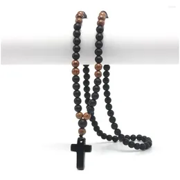 Collares colgantes Piedra natural 8 mm Obsidien y cuentas redondas de madera Collar para hombre con cruz Joyería hecha a mano Colgantes de entrega Otbkb