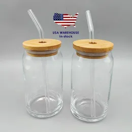 USA CA Warehouse 500ml 16oz Bicchiere da birra a forma di lattina di caffè ghiacciato trasparente Libbey con coperchio in bambù e cannuccia di vetro 913