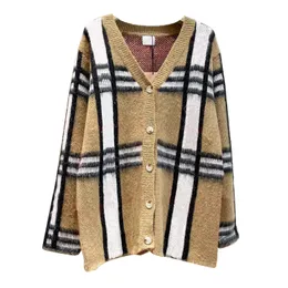 Autumn winter Knit cardigan women Designer Wool mohair Knits Sweater Classical lattice Long Sleeve khaki button Knitwears szfp104119 Casual fashion knitted coat