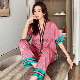 Women's Sleep Lounge Women's sleepwear 2022 Spring New Designer brand Long Sleeved V-neck Women Pajamas Set Ice Silk Printed Fashion PyjamasL230913